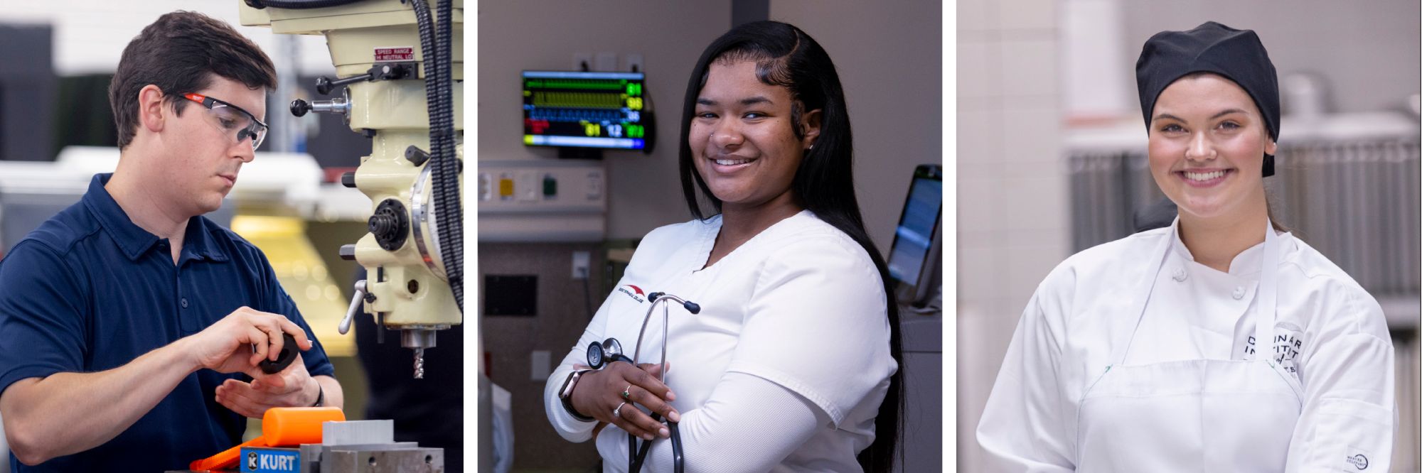 Images of CNC, nursing and culinary students