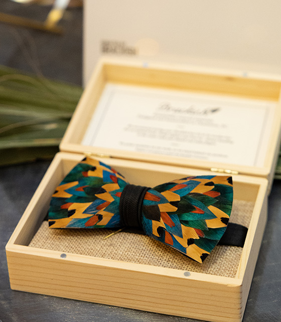 A hand-made bow tie displayed in a wooden case as a silent auction item.